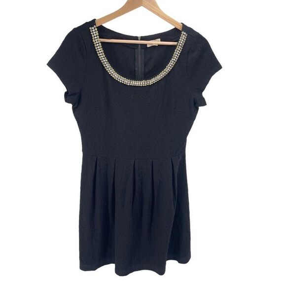Maison Jules Womens Jeweled Beaded Dress Pleated Fit Flare Textured Black Medium - Picture 1 of 11